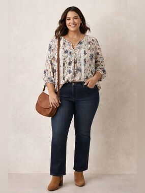 Boho Floral Lace-Trim Tunic Top in Cream with Blue & Brown Print